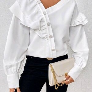Elegant White Ruffled Women's Asymmetrical Top